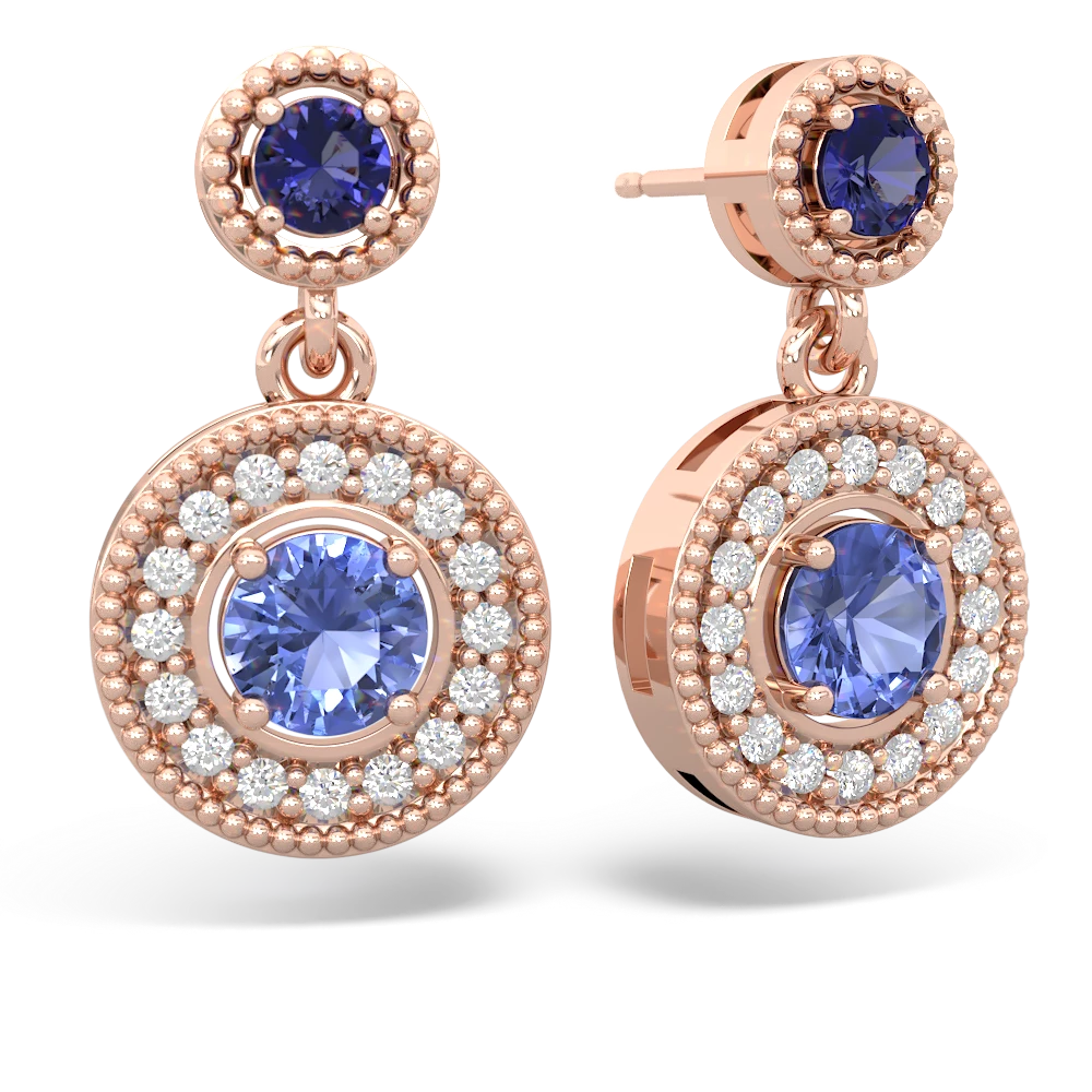 Lab Sapphire Halo Dangle 14K Rose Gold earrings E5319
