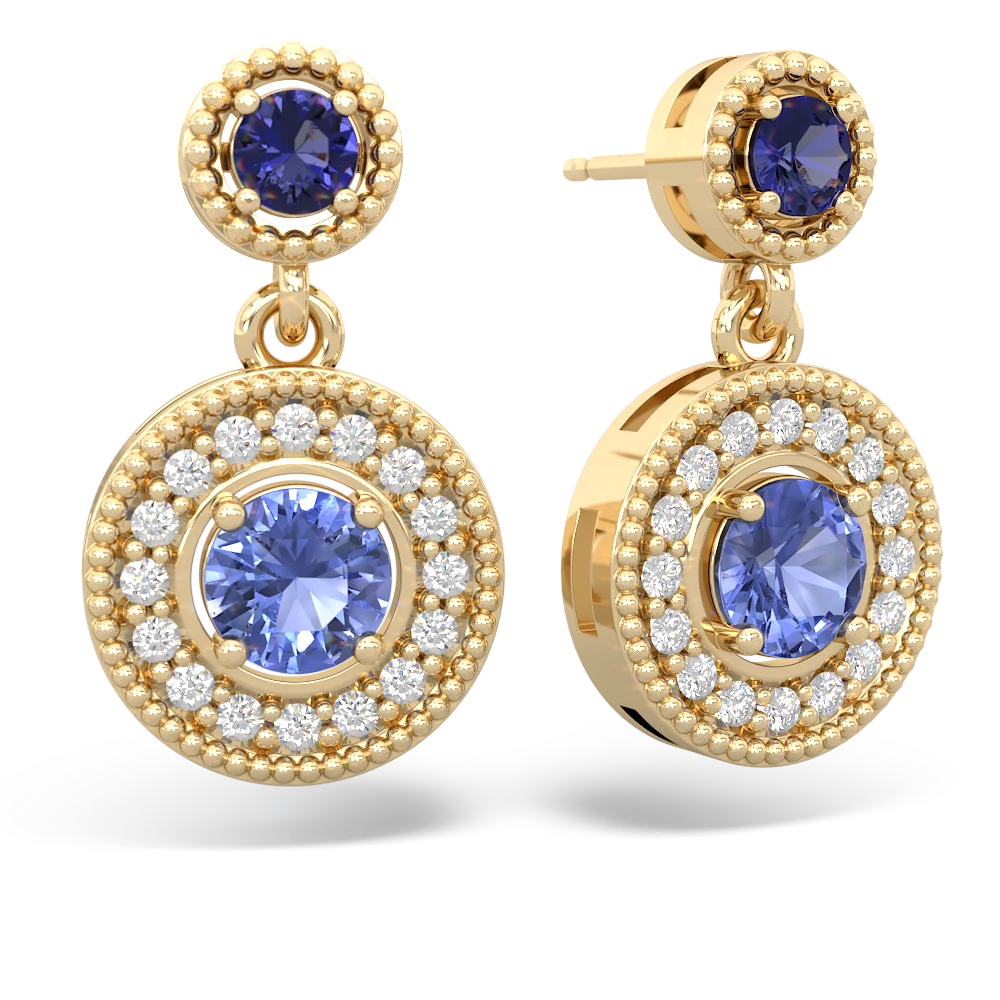 Lab Sapphire Halo Dangle 14K Yellow Gold earrings E5319