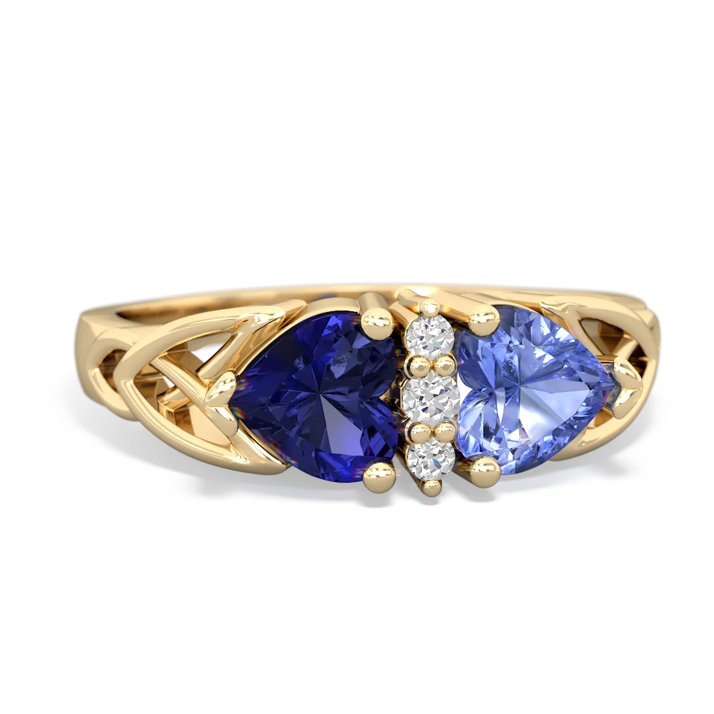 Lab Sapphire Celtic Knot Double Heart 14K Yellow Gold ring R5040