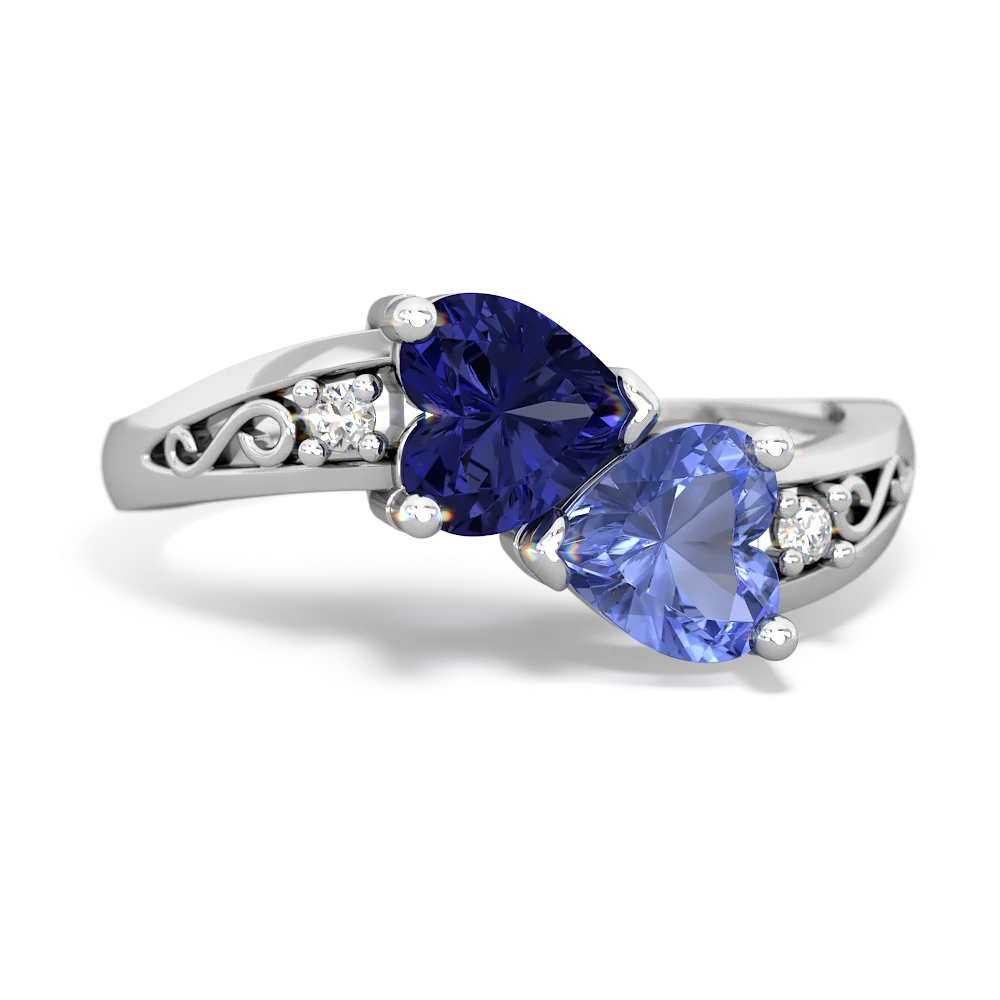 Lab Sapphire Snuggling Hearts 14K White Gold ring R2178