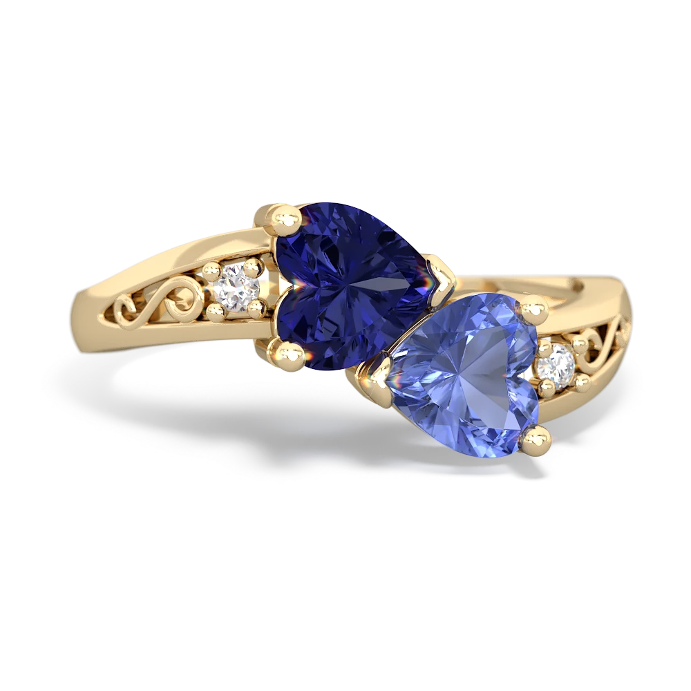 Lab Sapphire Snuggling Hearts 14K Yellow Gold ring R2178