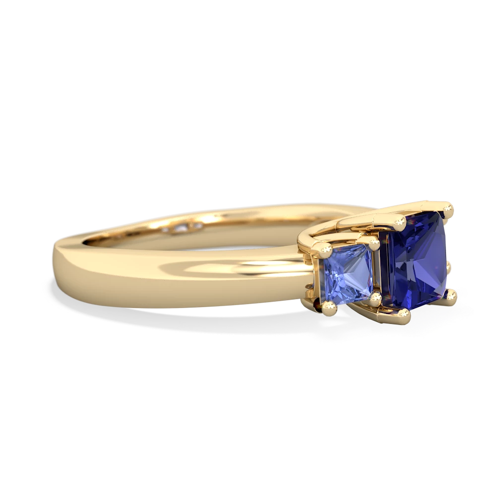 Lab Sapphire Three Stone Trellis 14K Yellow Gold ring R4015