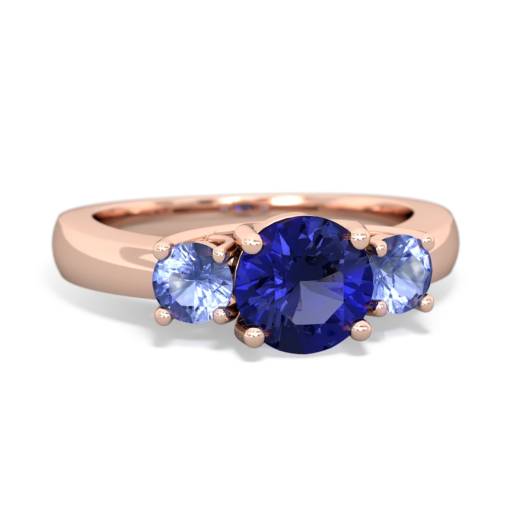 Lab Sapphire Three Stone Round Trellis 14K Rose Gold ring R4018