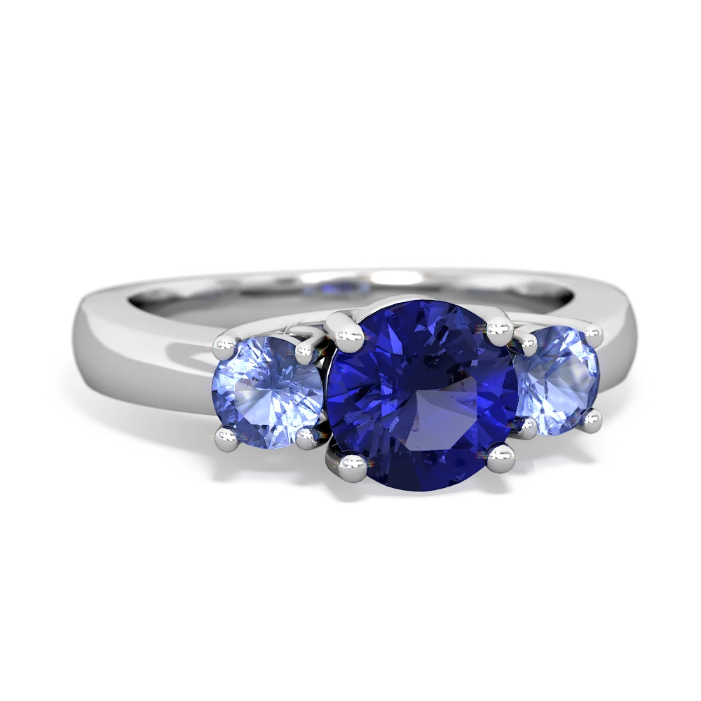 Lab Sapphire Three Stone Round Trellis 14K White Gold ring R4018