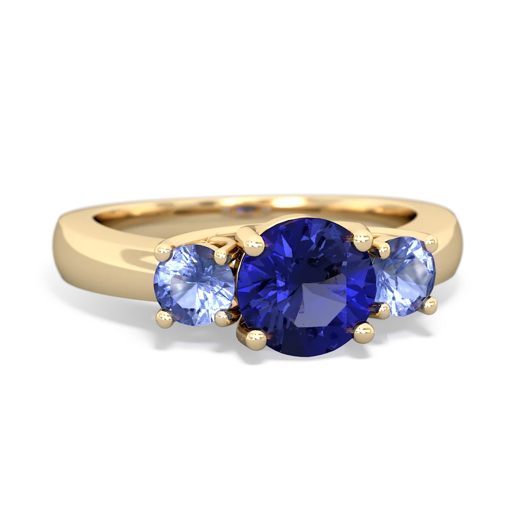 Lab Sapphire Three Stone Round Trellis 14K Yellow Gold ring R4018