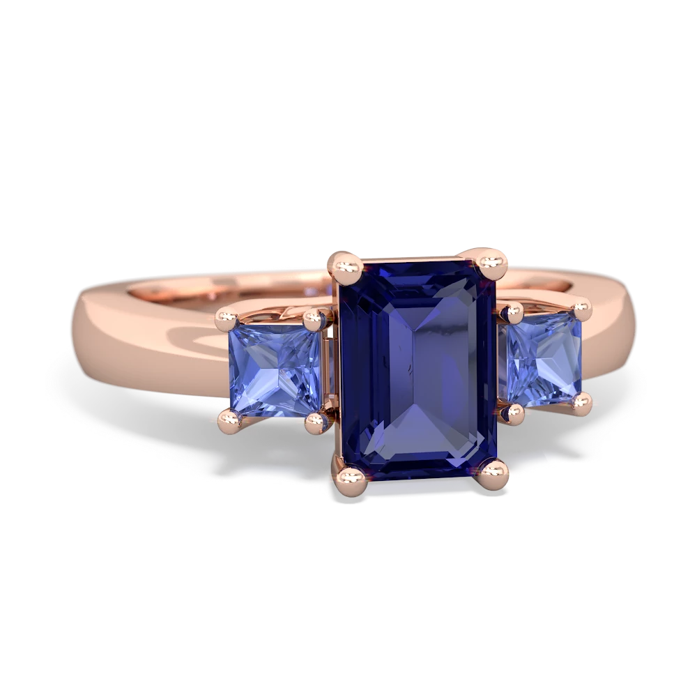 Lab Sapphire Three Stone Emerald-Cut Trellis 14K Rose Gold ring R4021