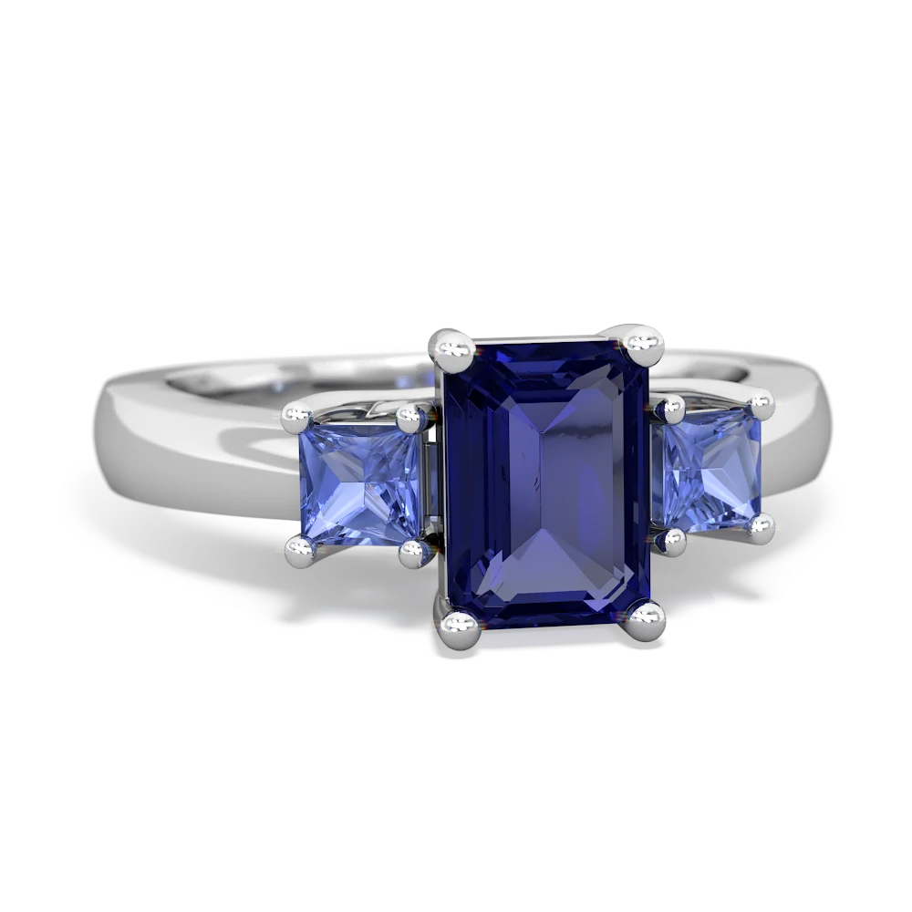 Lab Sapphire Three Stone Emerald-Cut Trellis 14K White Gold ring R4021