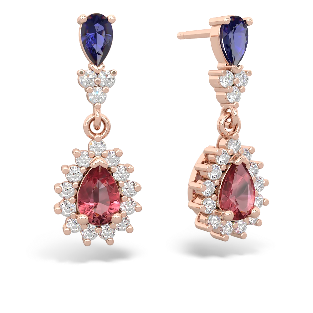 Lab Sapphire Halo Pear Dangle 14K Rose Gold earrings E1882