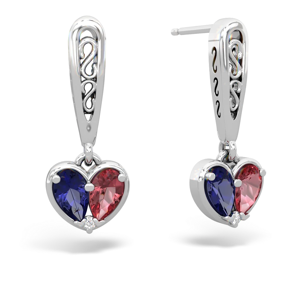 Lab Sapphire Filligree Heart 14K White Gold earrings E5070