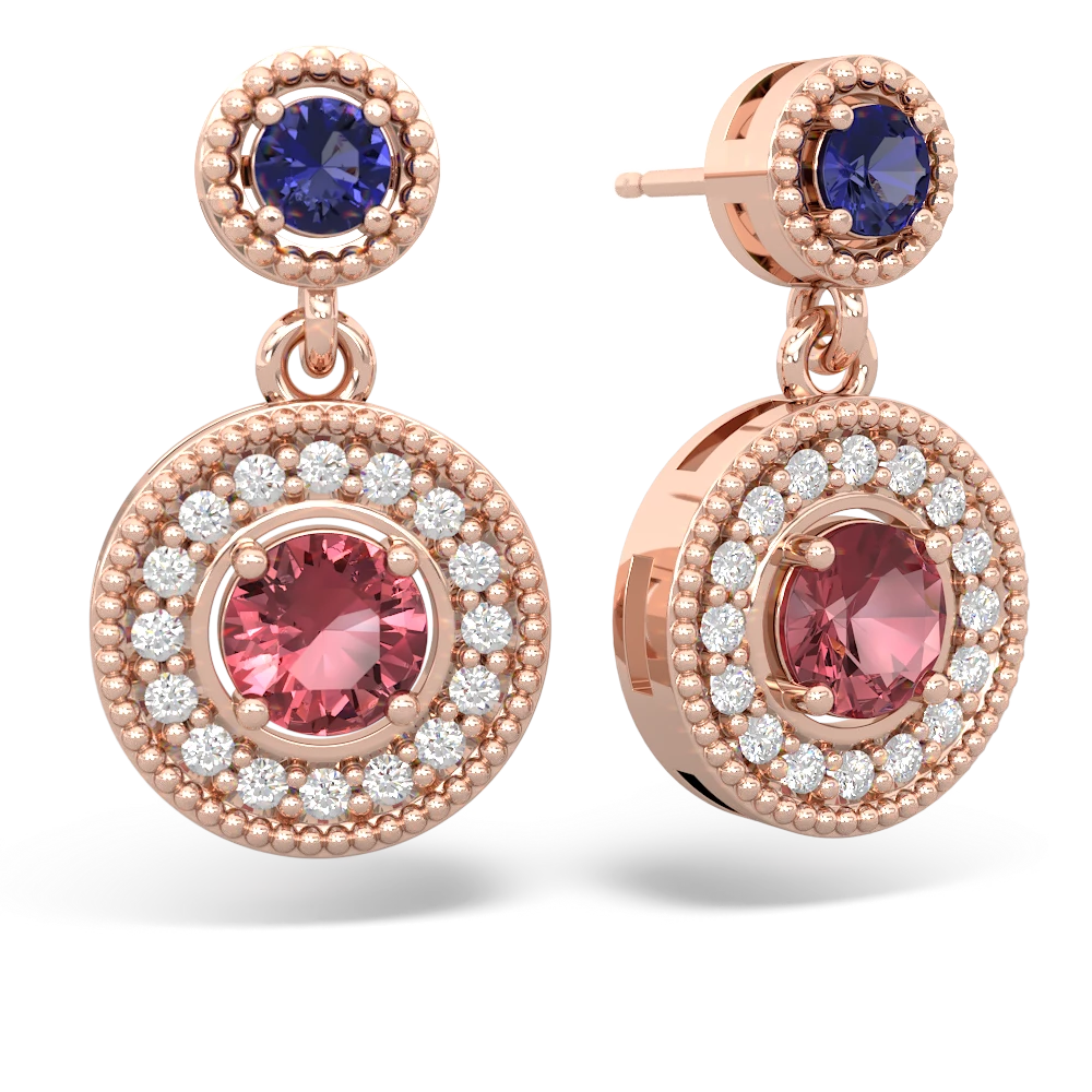 Lab Sapphire Halo Dangle 14K Rose Gold earrings E5319