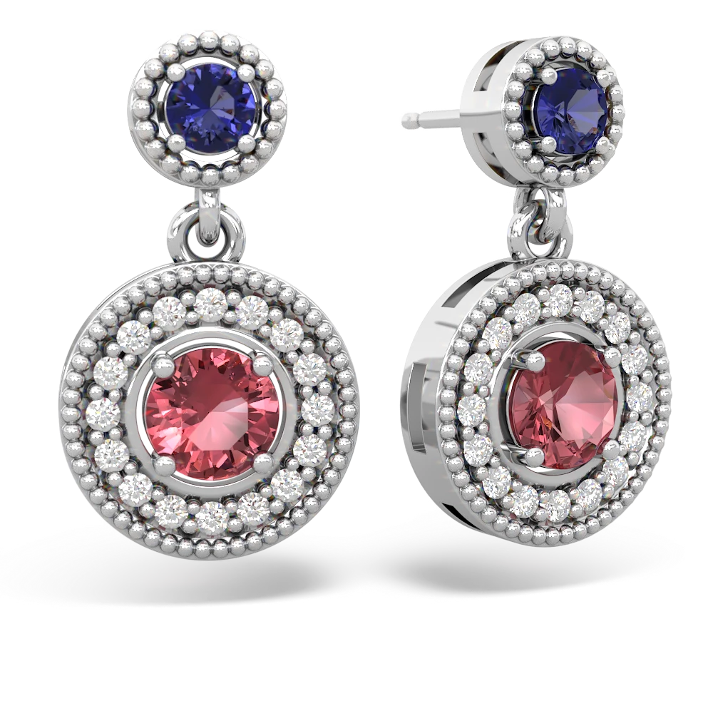 Lab Sapphire Halo Dangle 14K White Gold earrings E5319