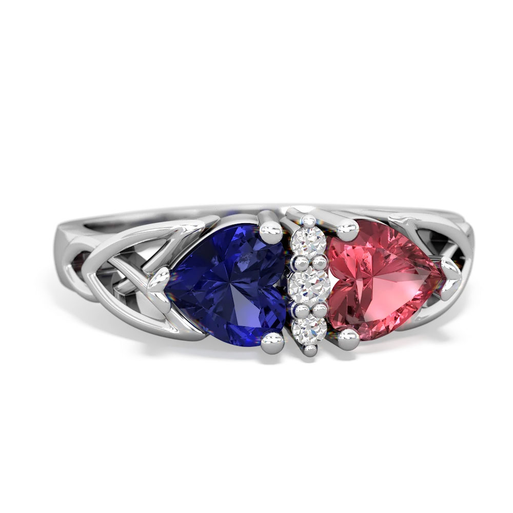 Lab Sapphire Celtic Knot Double Heart 14K White Gold ring R5040