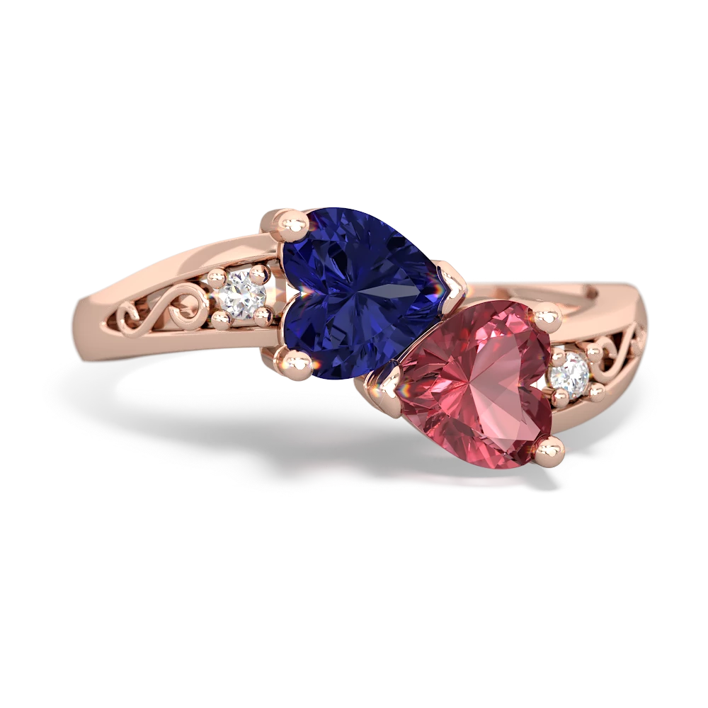 Lab Sapphire Snuggling Hearts 14K Rose Gold ring R2178