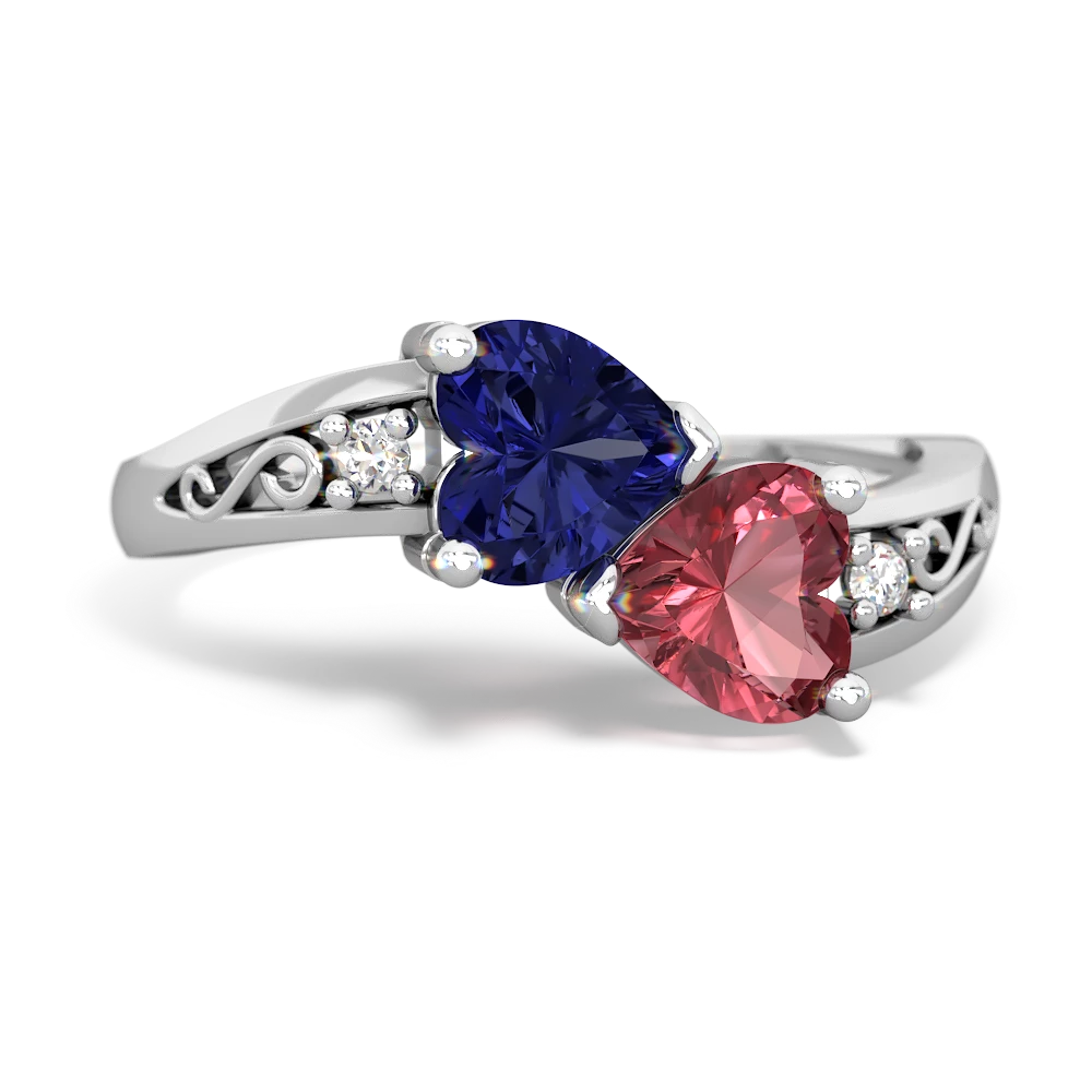 Lab Sapphire Snuggling Hearts 14K White Gold ring R2178