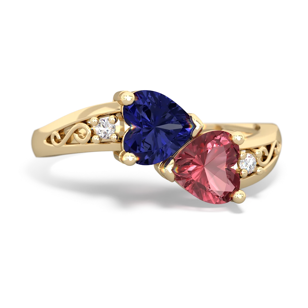 Lab Sapphire Snuggling Hearts 14K Yellow Gold ring R2178