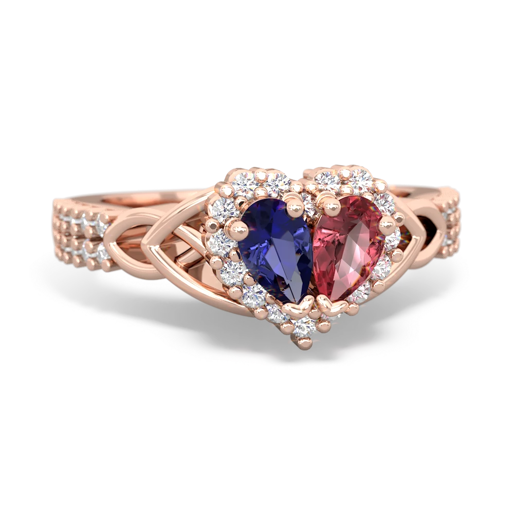 Lab Sapphire Celtic Knot Two Hearts As One 14K Rose Gold ring R2644HRT