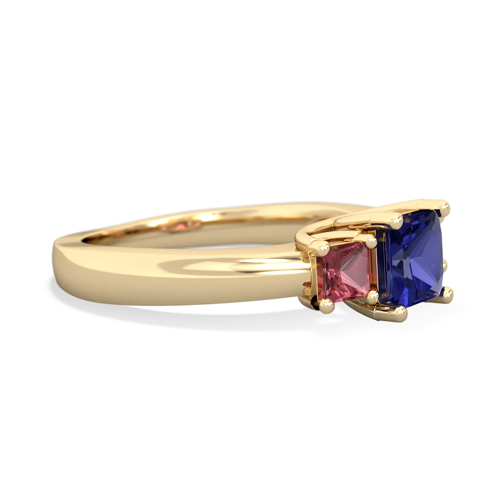 Lab Sapphire Three Stone Trellis 14K Yellow Gold ring R4015