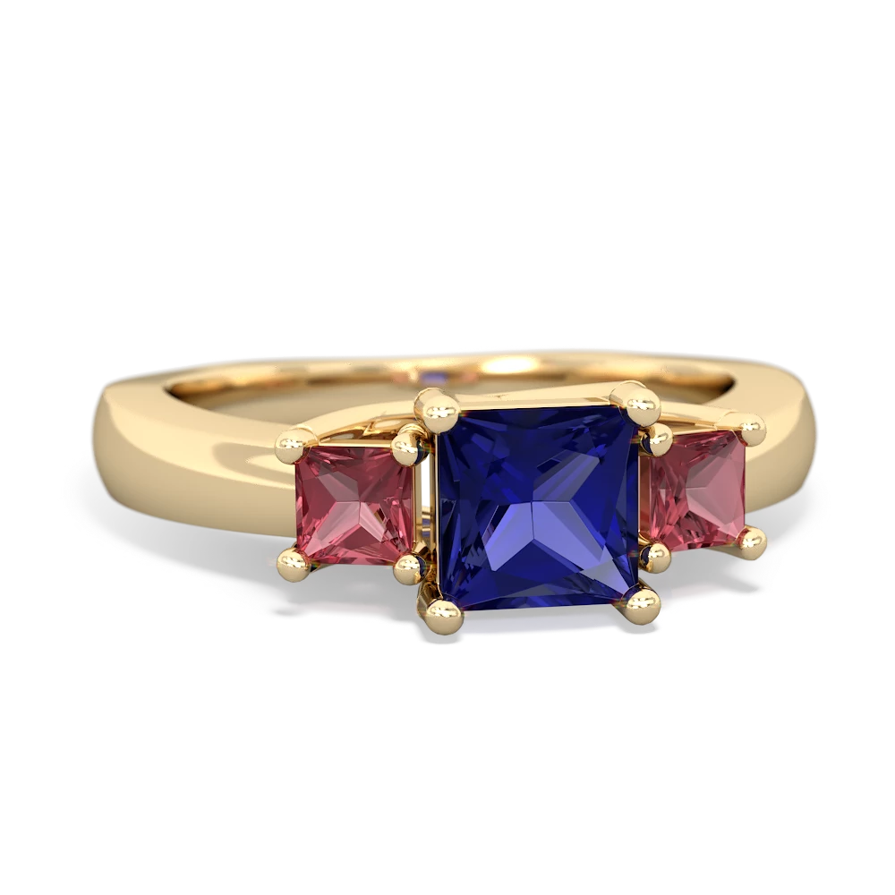 Lab Sapphire Three Stone Trellis 14K Yellow Gold ring R4015