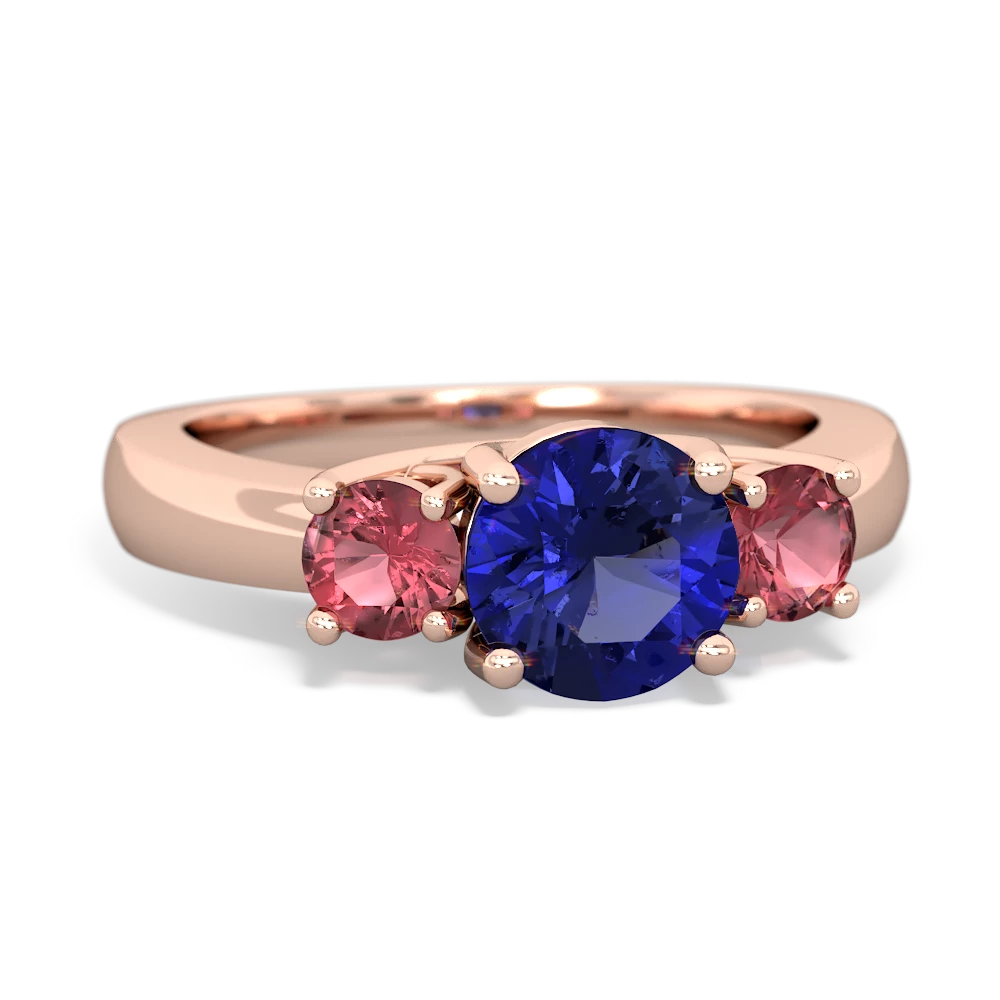 Lab Sapphire Three Stone Round Trellis 14K Rose Gold ring R4018