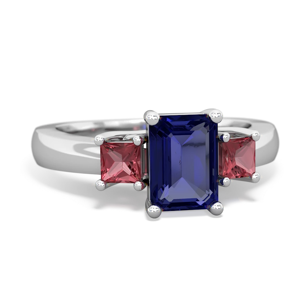 Lab Sapphire Three Stone Emerald-Cut Trellis 14K White Gold ring R4021