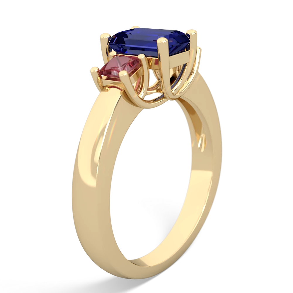 Lab Sapphire Three Stone Emerald-Cut Trellis 14K Yellow Gold ring R4021