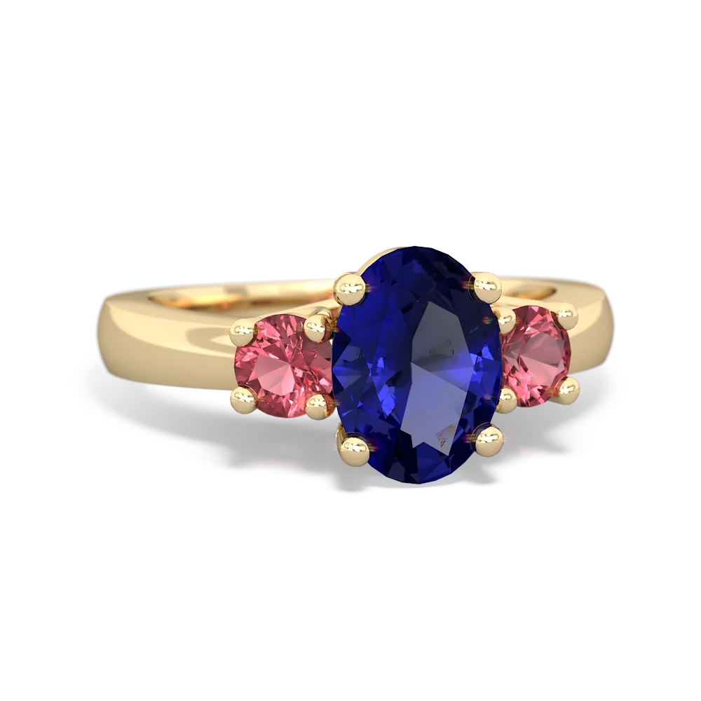 Lab Sapphire Three Stone Oval Trellis 14K Yellow Gold ring R4024