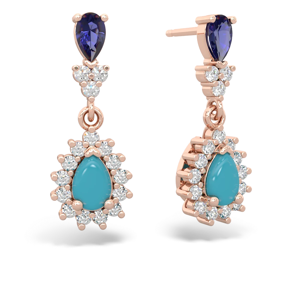 Lab Sapphire Halo Pear Dangle 14K Rose Gold earrings E1882