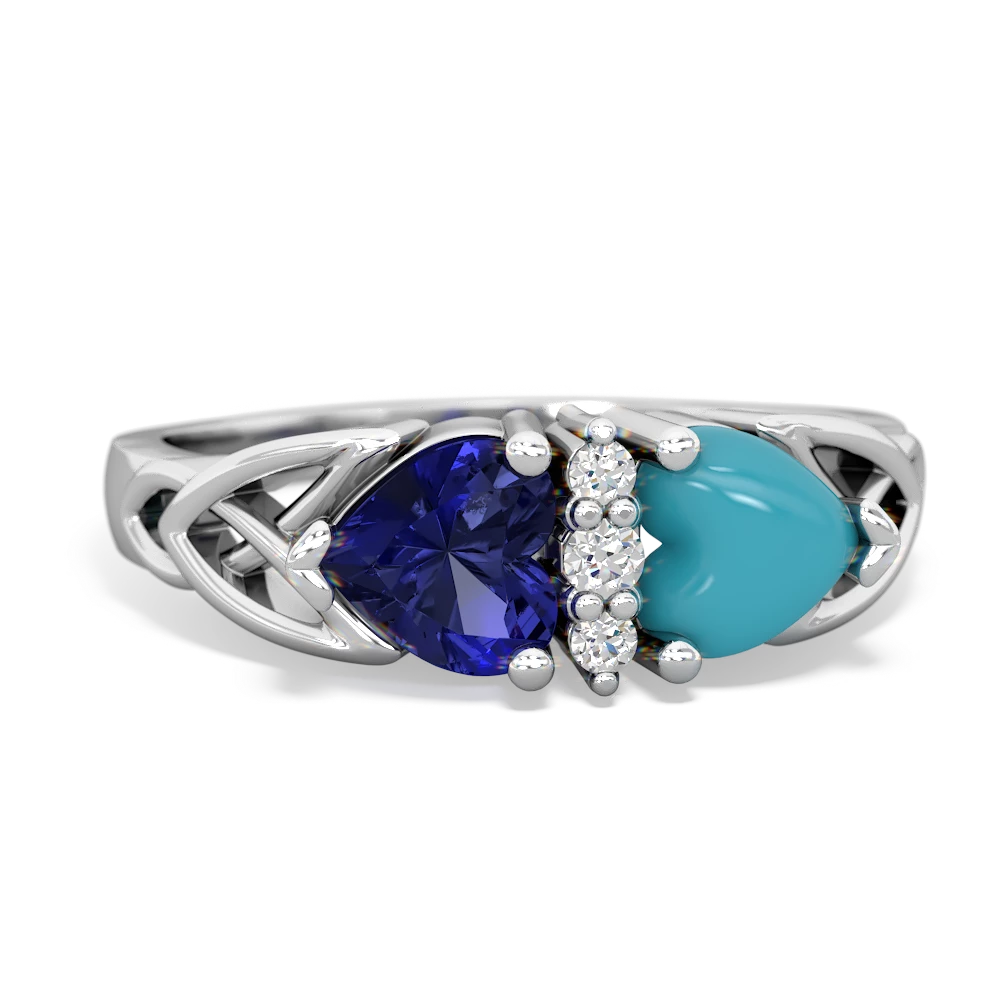 Lab Sapphire Celtic Knot Double Heart 14K White Gold ring R5040