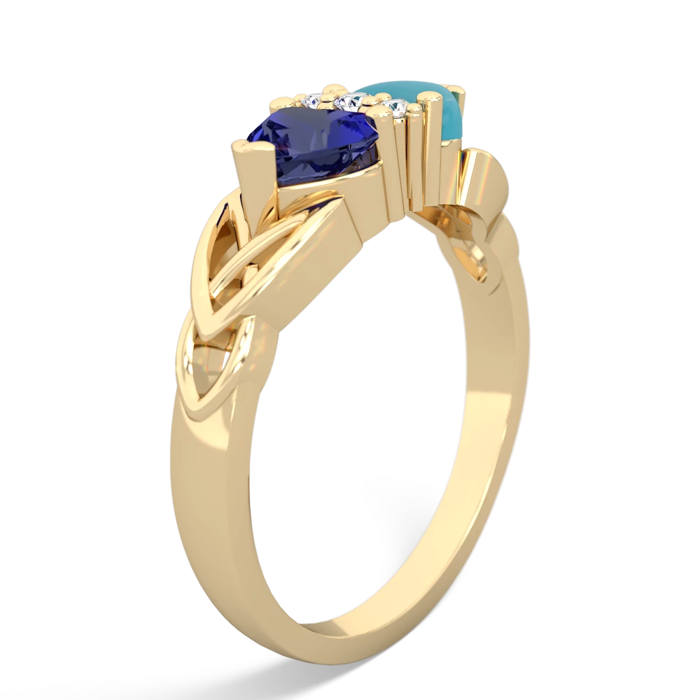 Lab Sapphire Celtic Knot Double Heart 14K Yellow Gold ring R5040