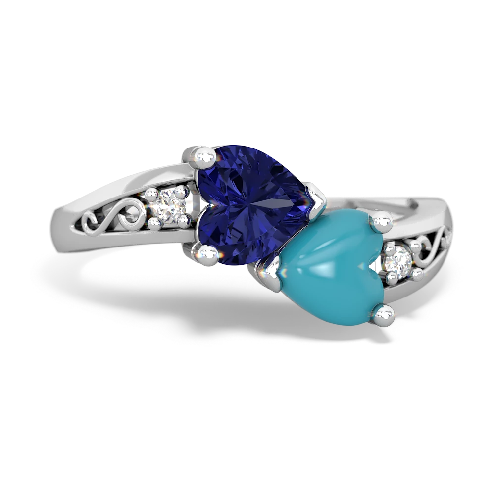 Lab Sapphire Snuggling Hearts 14K White Gold ring R2178