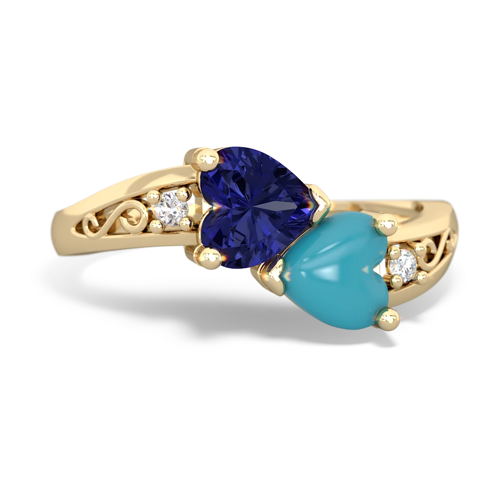 Lab Sapphire Snuggling Hearts 14K Yellow Gold ring R2178