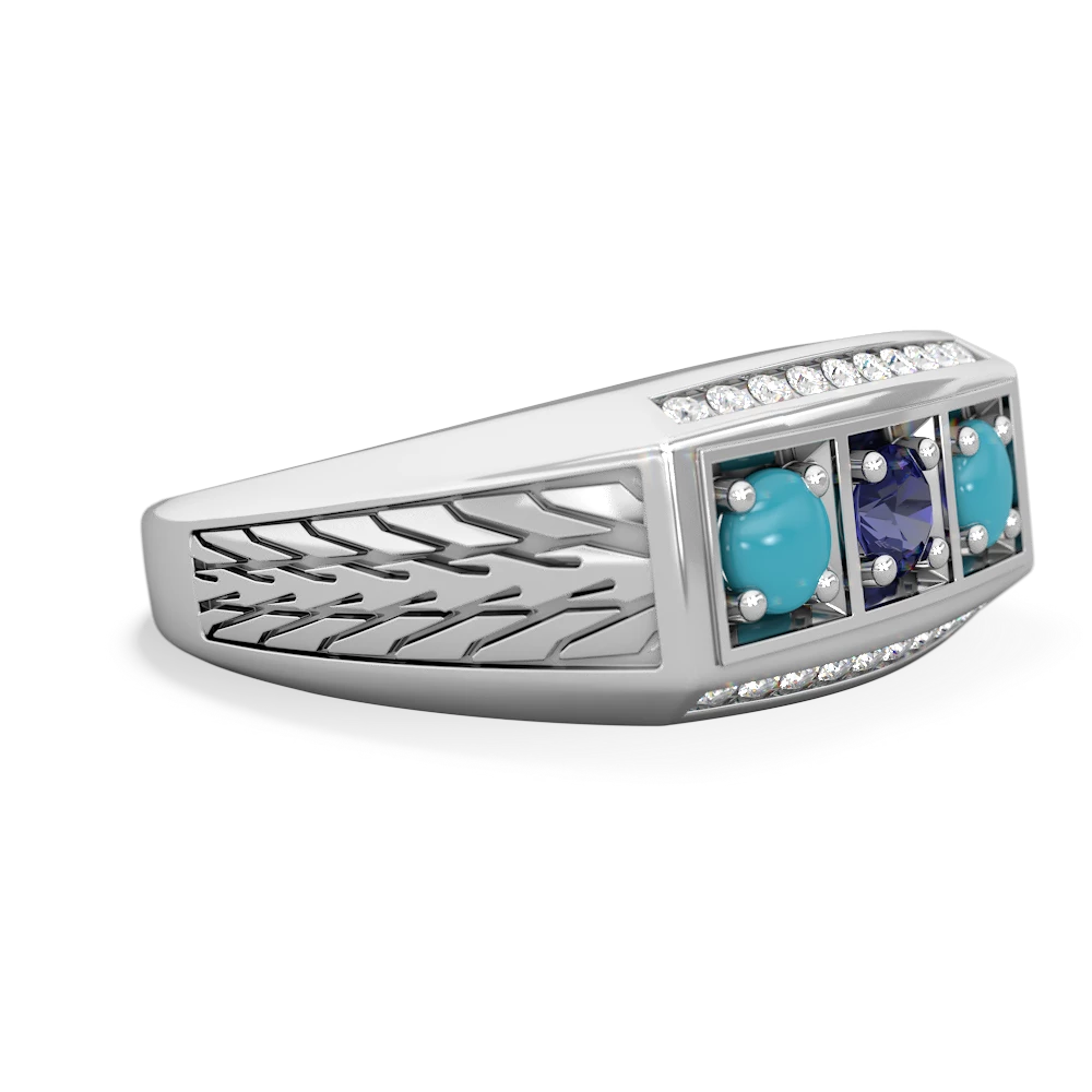 Lab Sapphire Three Stone Tire Tread Men's 14K White Gold ring R0520