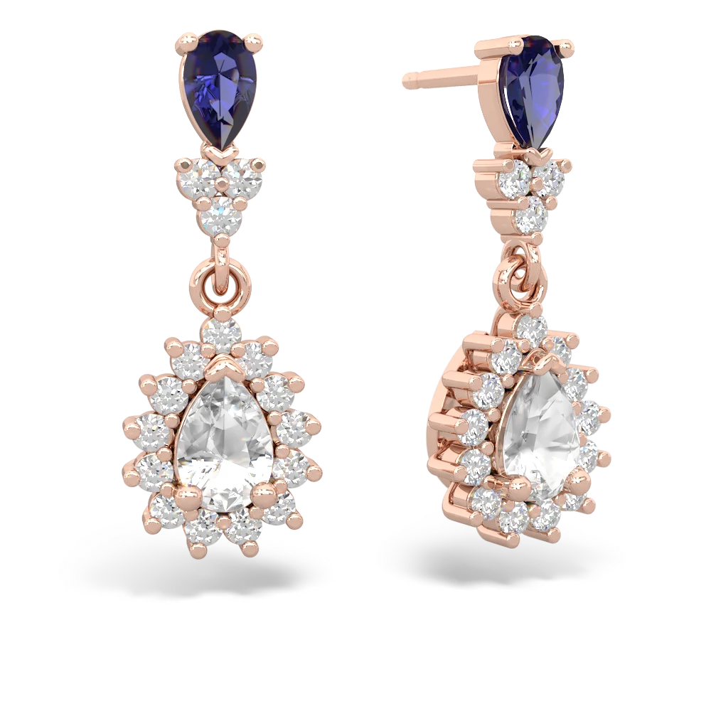 Lab Sapphire Halo Pear Dangle 14K Rose Gold earrings E1882