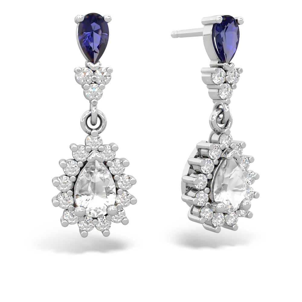 Lab Sapphire Halo Pear Dangle 14K White Gold earrings E1882