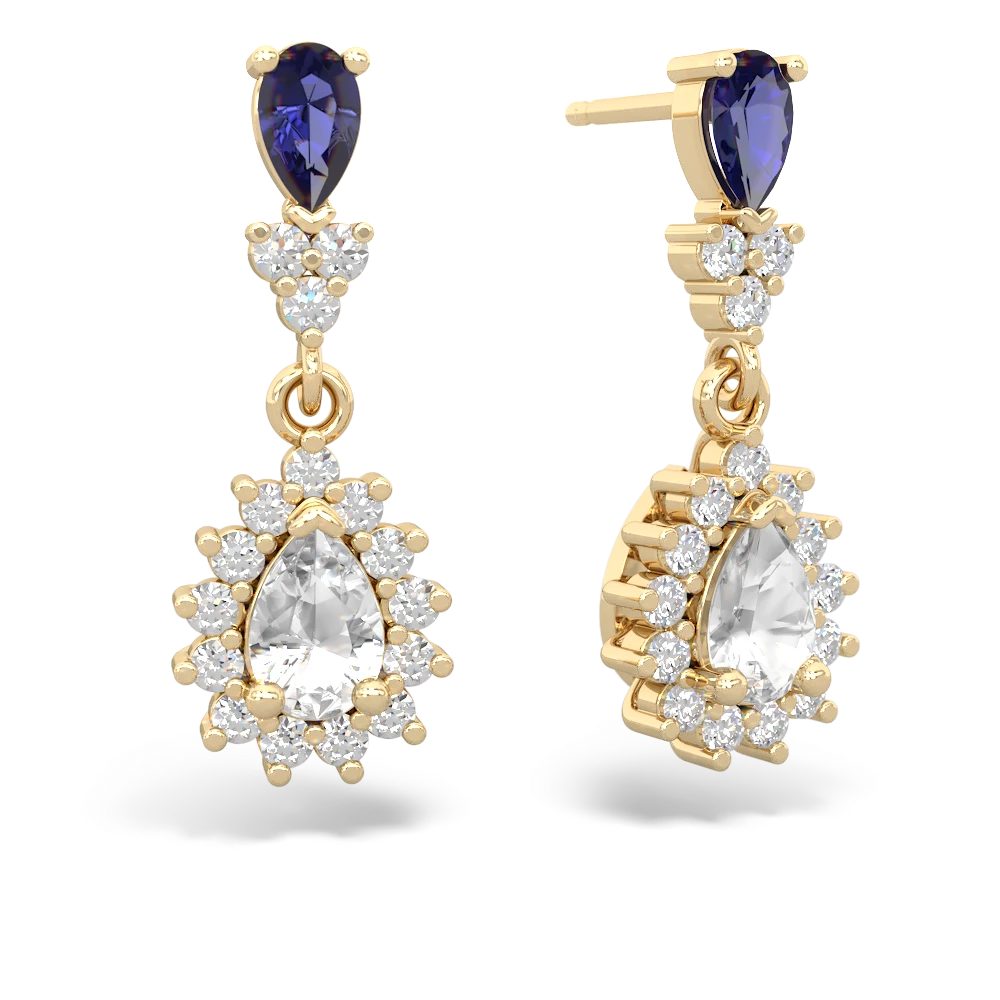 Lab Sapphire Halo Pear Dangle 14K Yellow Gold earrings E1882