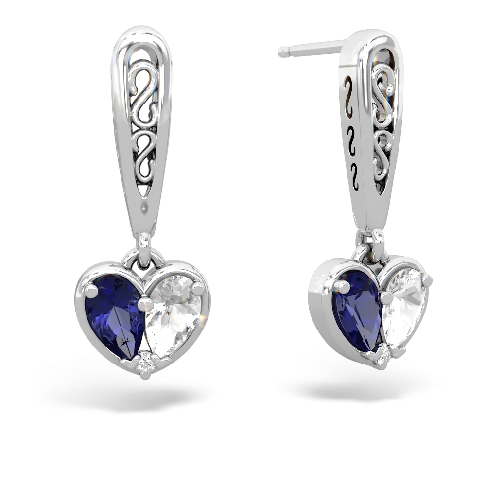 Lab Sapphire Filligree Heart 14K White Gold earrings E5070