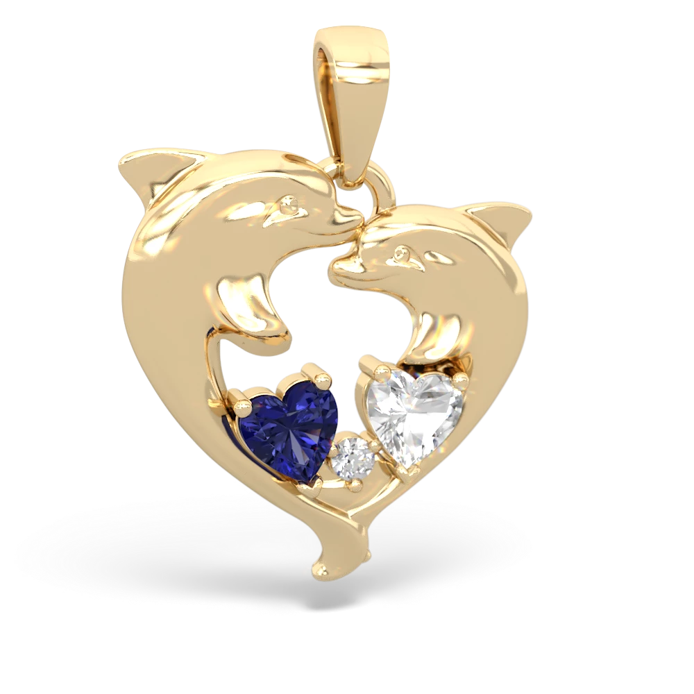 Lab Sapphire Dolphin Heart 14K Yellow Gold pendant P5820