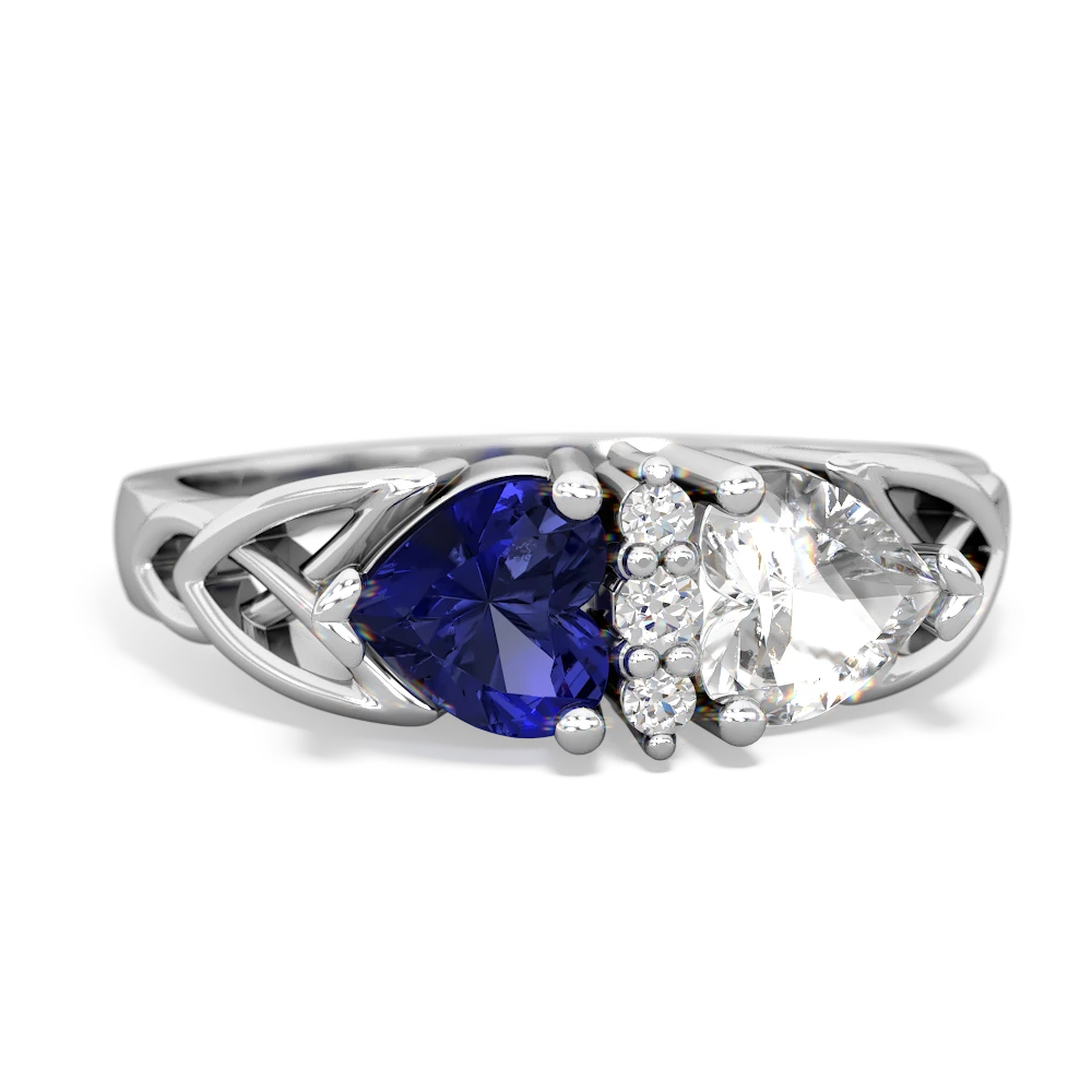 Lab Sapphire Celtic Knot Double Heart 14K White Gold ring R5040