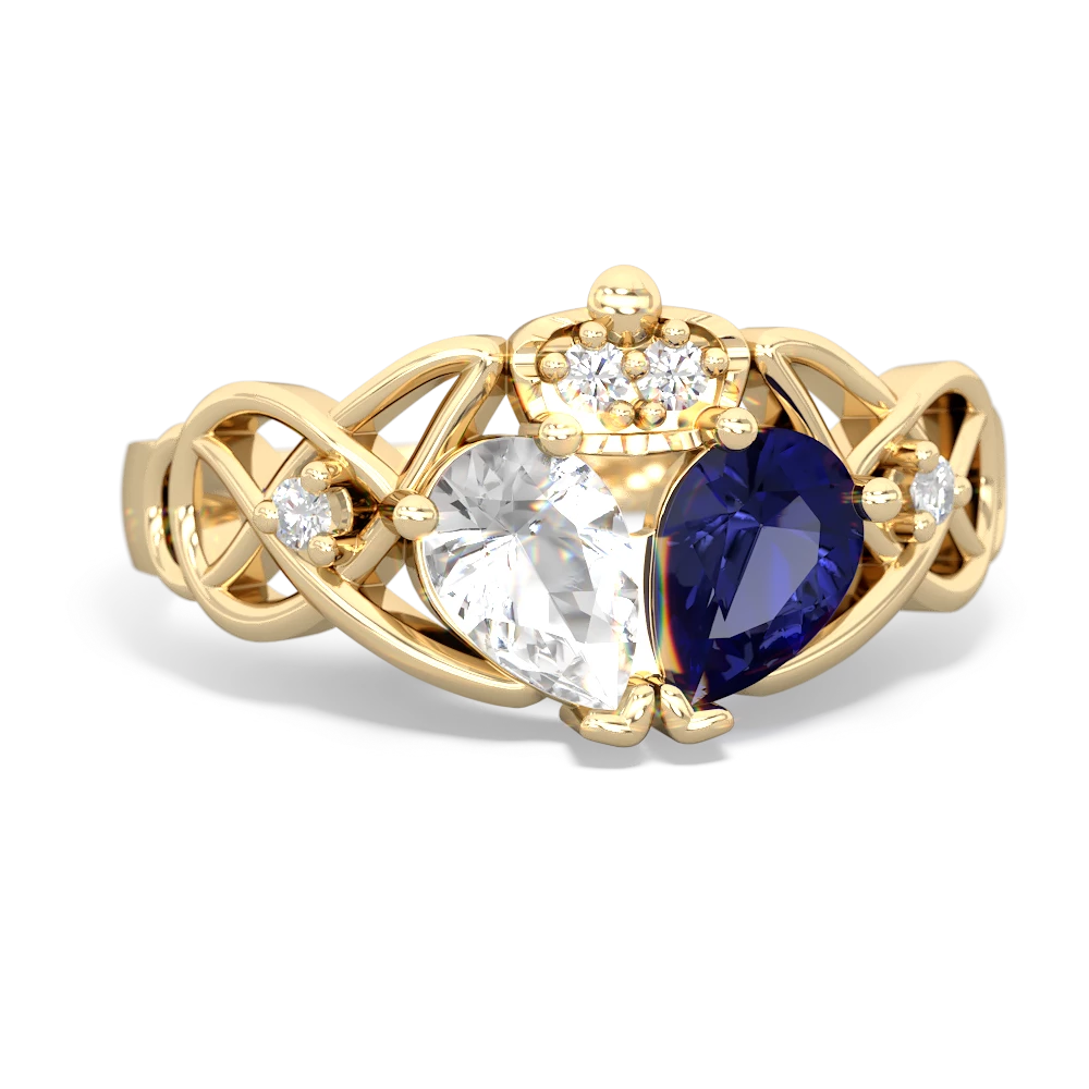 Lab Sapphire 'One Heart' Celtic Knot Claddagh 14K Yellow Gold ring R5322