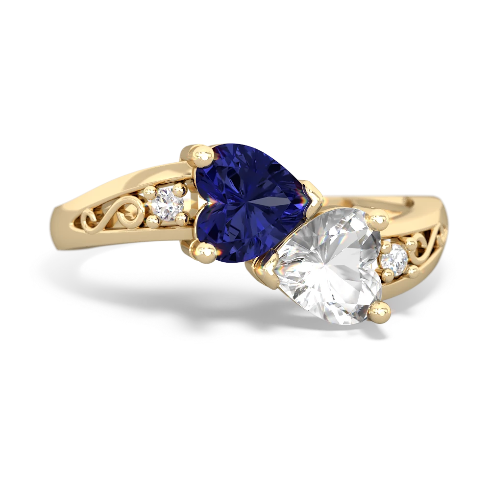 Lab Sapphire Snuggling Hearts 14K Yellow Gold ring R2178