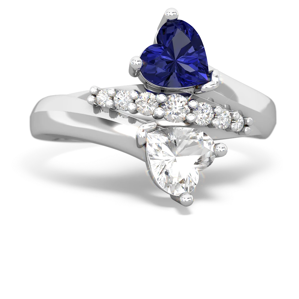 Lab Sapphire Heart To Heart 14K White Gold ring R2064