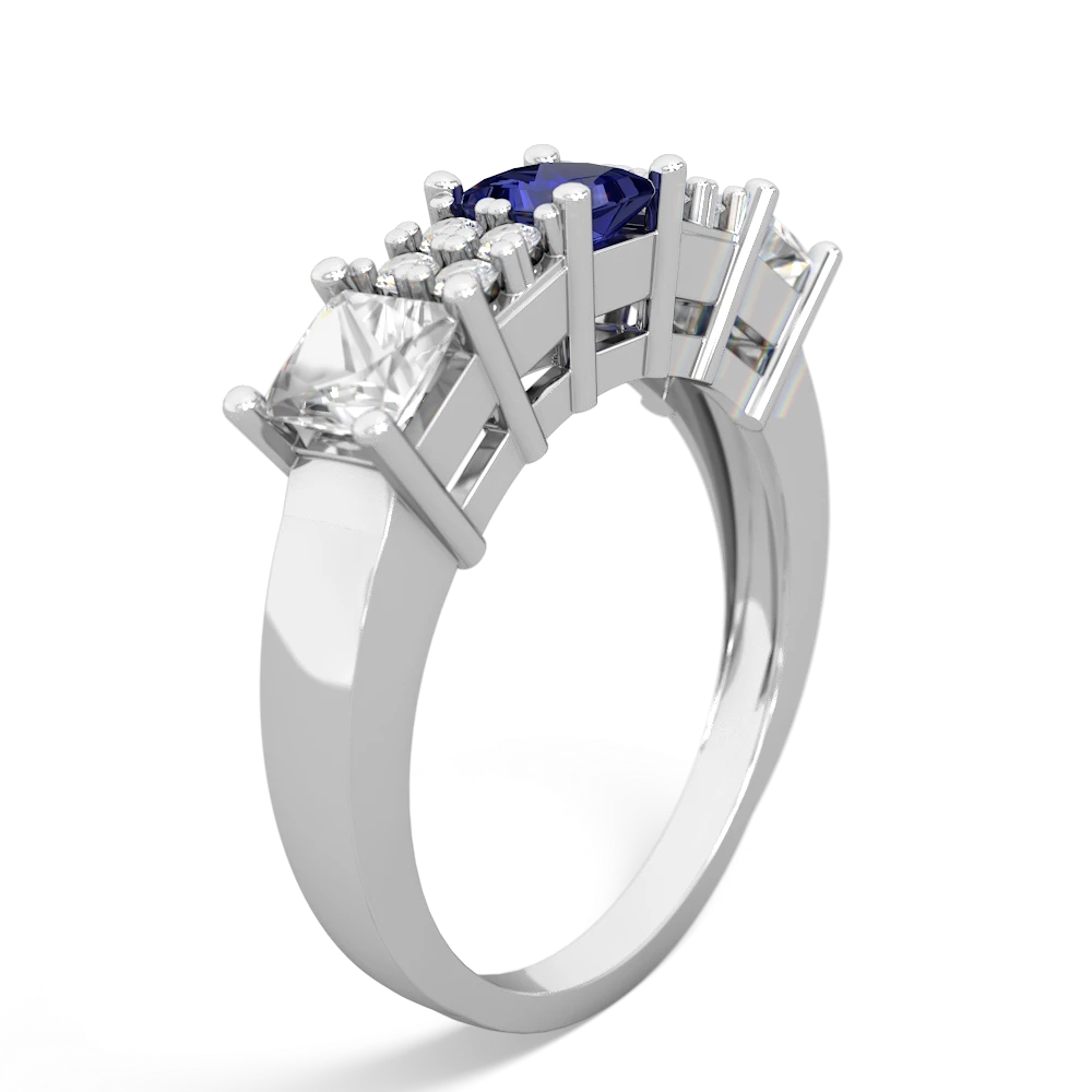 Lab Sapphire Three Stone Diamond Cluster 14K White Gold ring R2592