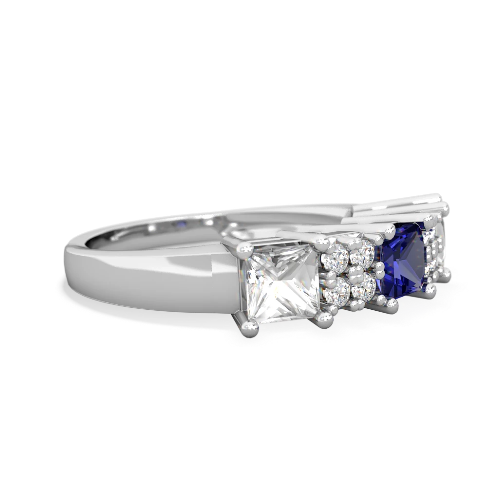 Lab Sapphire Three Stone Diamond Cluster 14K White Gold ring R2592