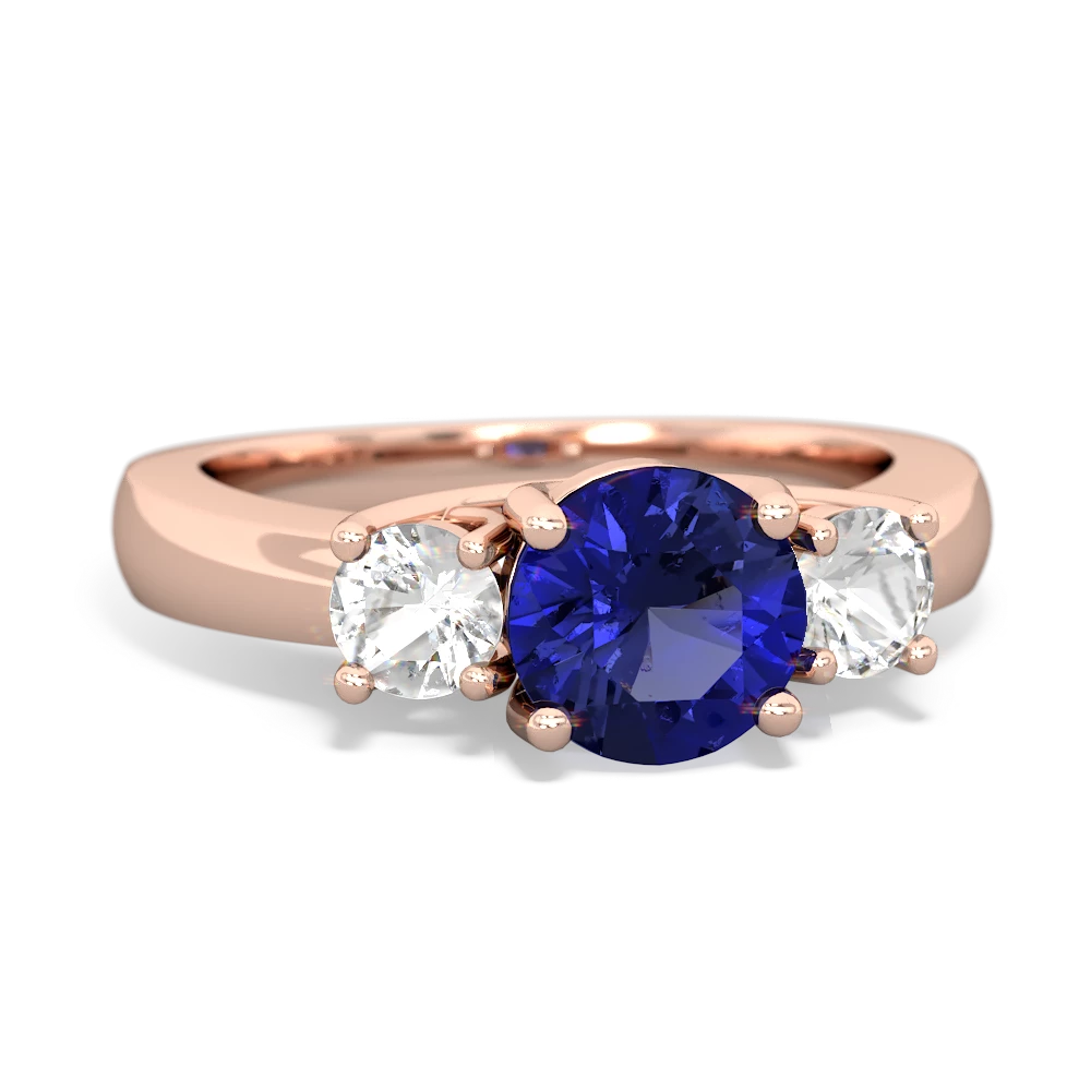 Lab Sapphire Three Stone Round Trellis 14K Rose Gold ring R4018