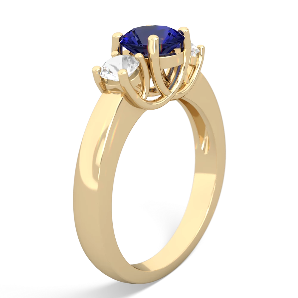 Lab Sapphire Three Stone Round Trellis 14K Yellow Gold ring R4018