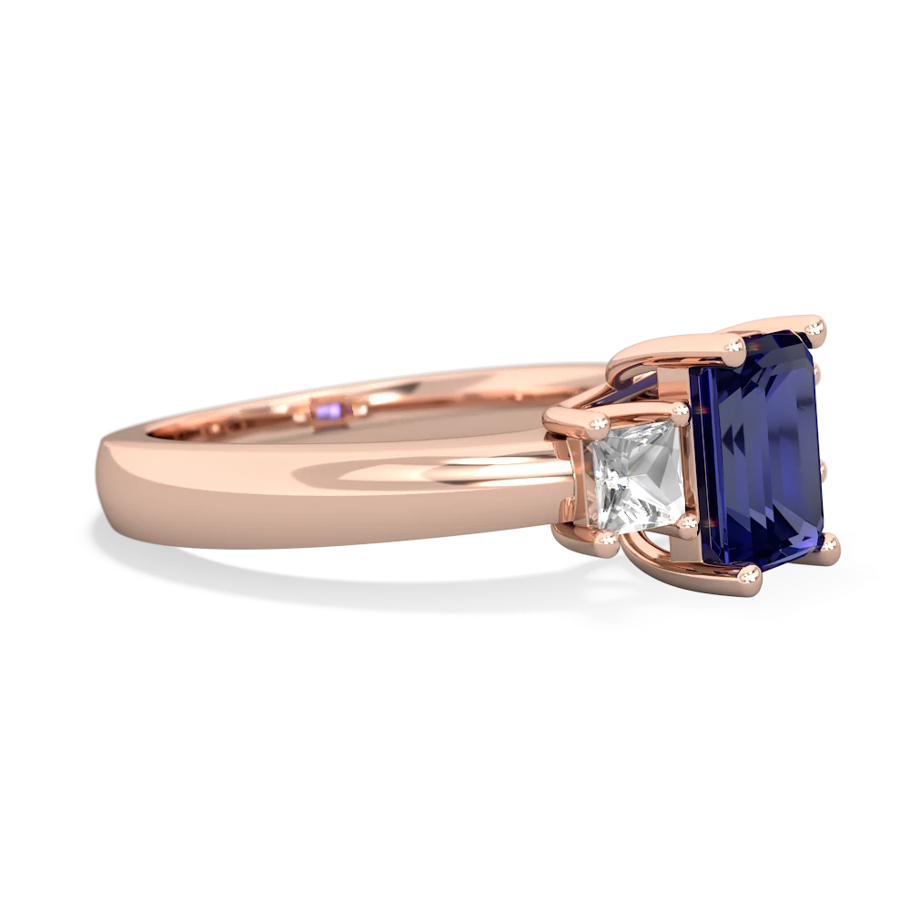 Lab Sapphire Three Stone Emerald-Cut Trellis 14K Rose Gold ring R4021