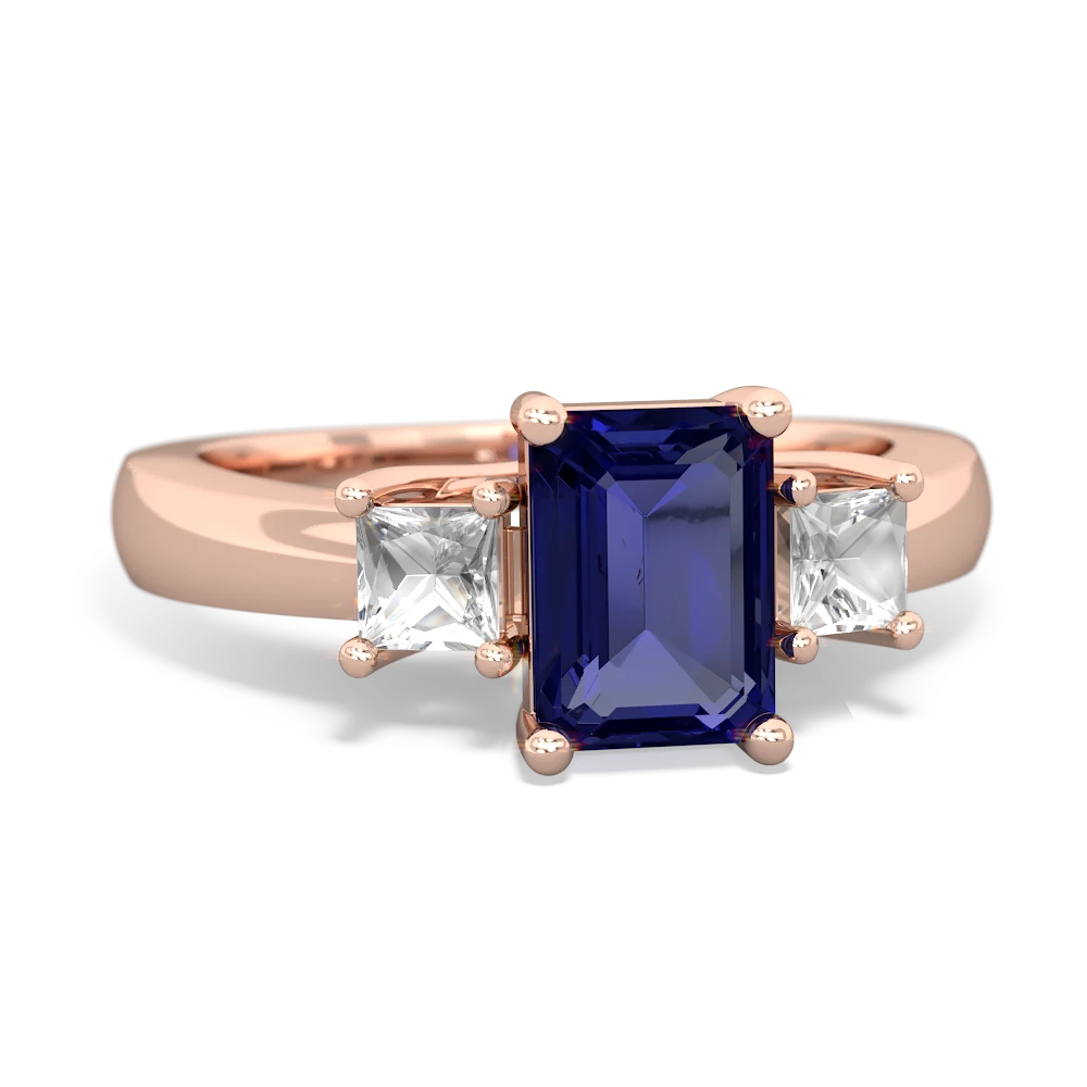 Lab Sapphire Three Stone Emerald-Cut Trellis 14K Rose Gold ring R4021