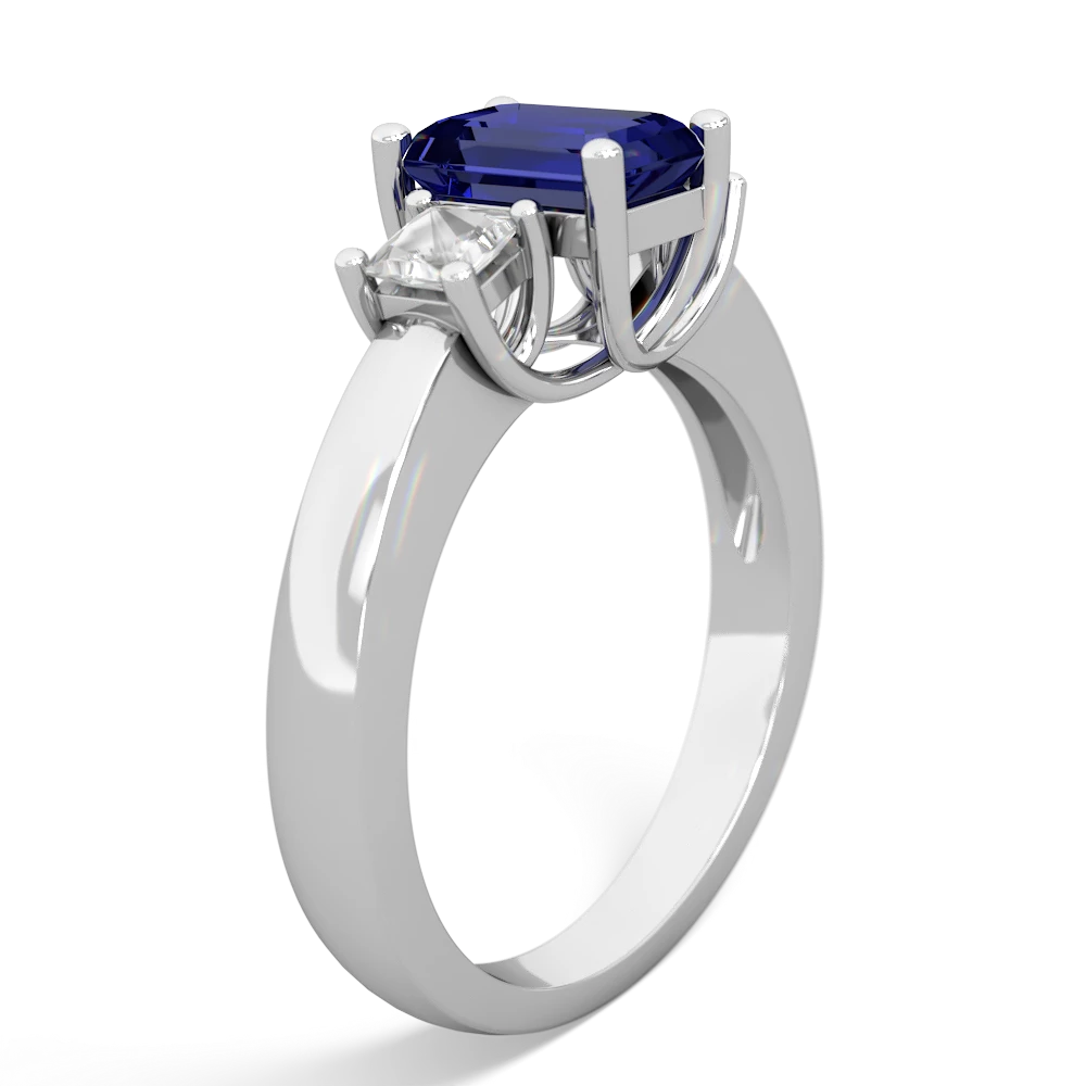 Lab Sapphire Three Stone Emerald-Cut Trellis 14K White Gold ring R4021