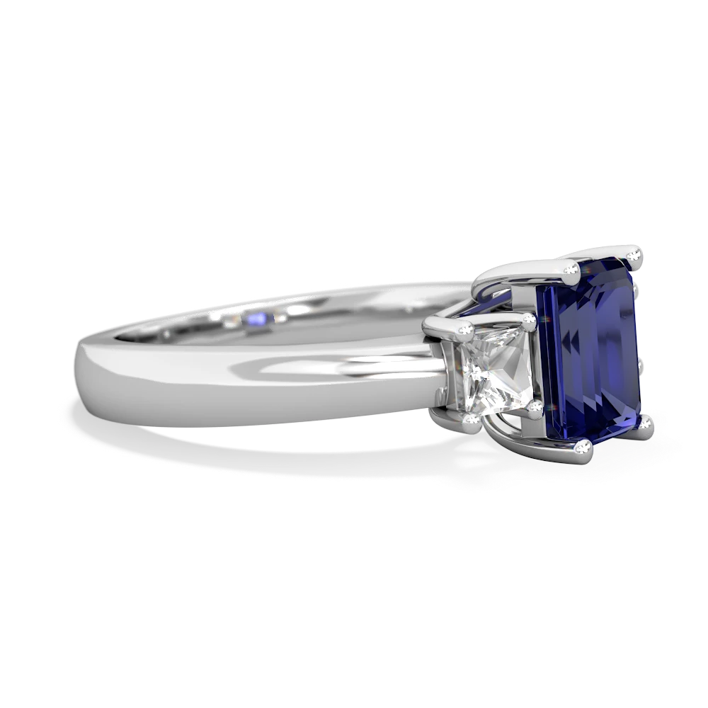 Lab Sapphire Three Stone Emerald-Cut Trellis 14K White Gold ring R4021