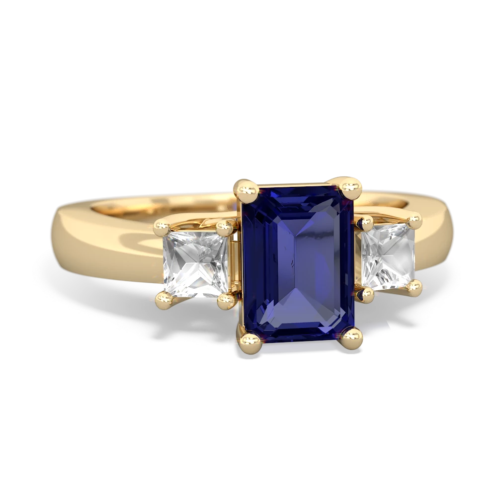 Lab Sapphire Three Stone Emerald-Cut Trellis 14K Yellow Gold ring R4021